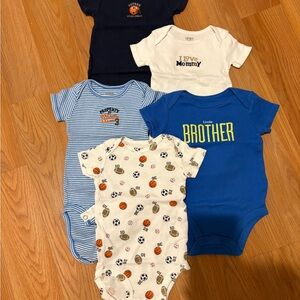 Bundle- five onesies, blue and white with orange accents 6 months